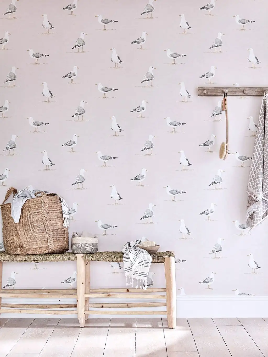 Shore Birds, col. 2 - Strandmotive - Tapeten mit Vogelmotiven - Tier Tapeten - Grau - Rosa - Weiß - Sanderson 