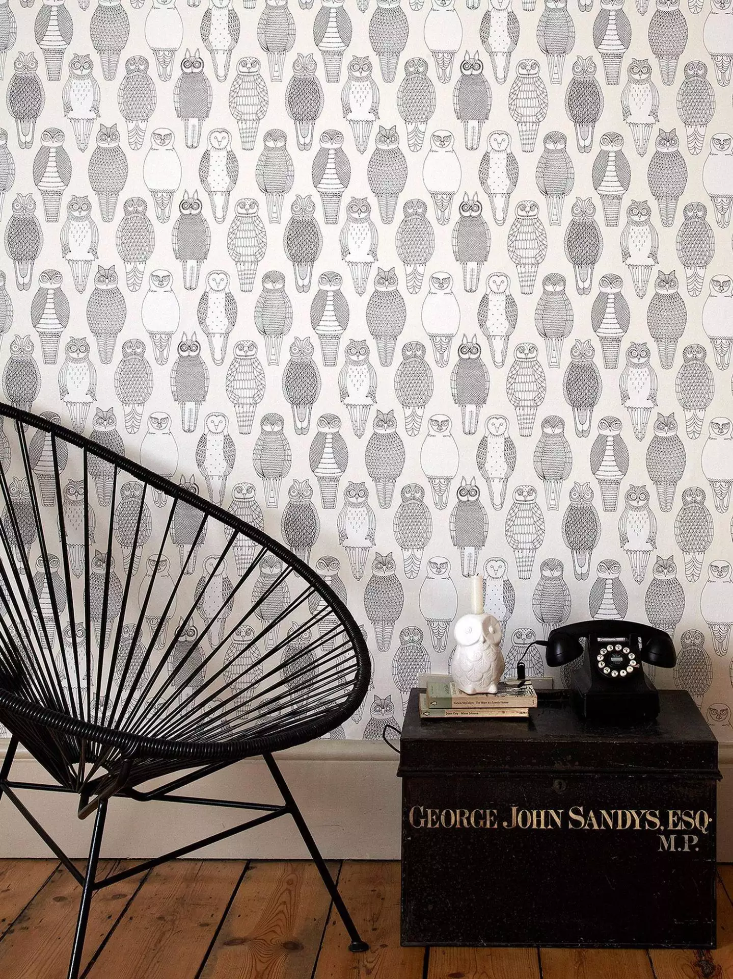 Owls of the British Isles - Grafische Muster - Tier Tapeten - Creme - Schwarz - Schwarz und Weiß - Weiß - Abigail Edwards