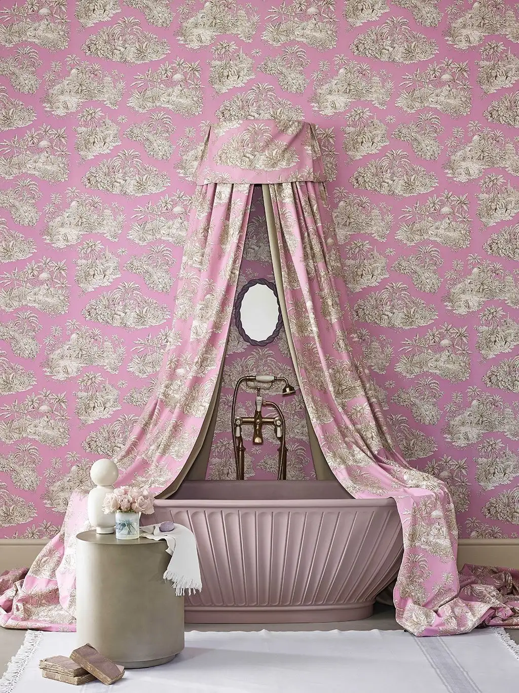 Pondichery, lilas - Blumen - Blätter - Bäume - Figuren - Landschaft - Tier Tapeten - Toile de Jouy - Braun - Creme - Rosa - Manuel Canovas