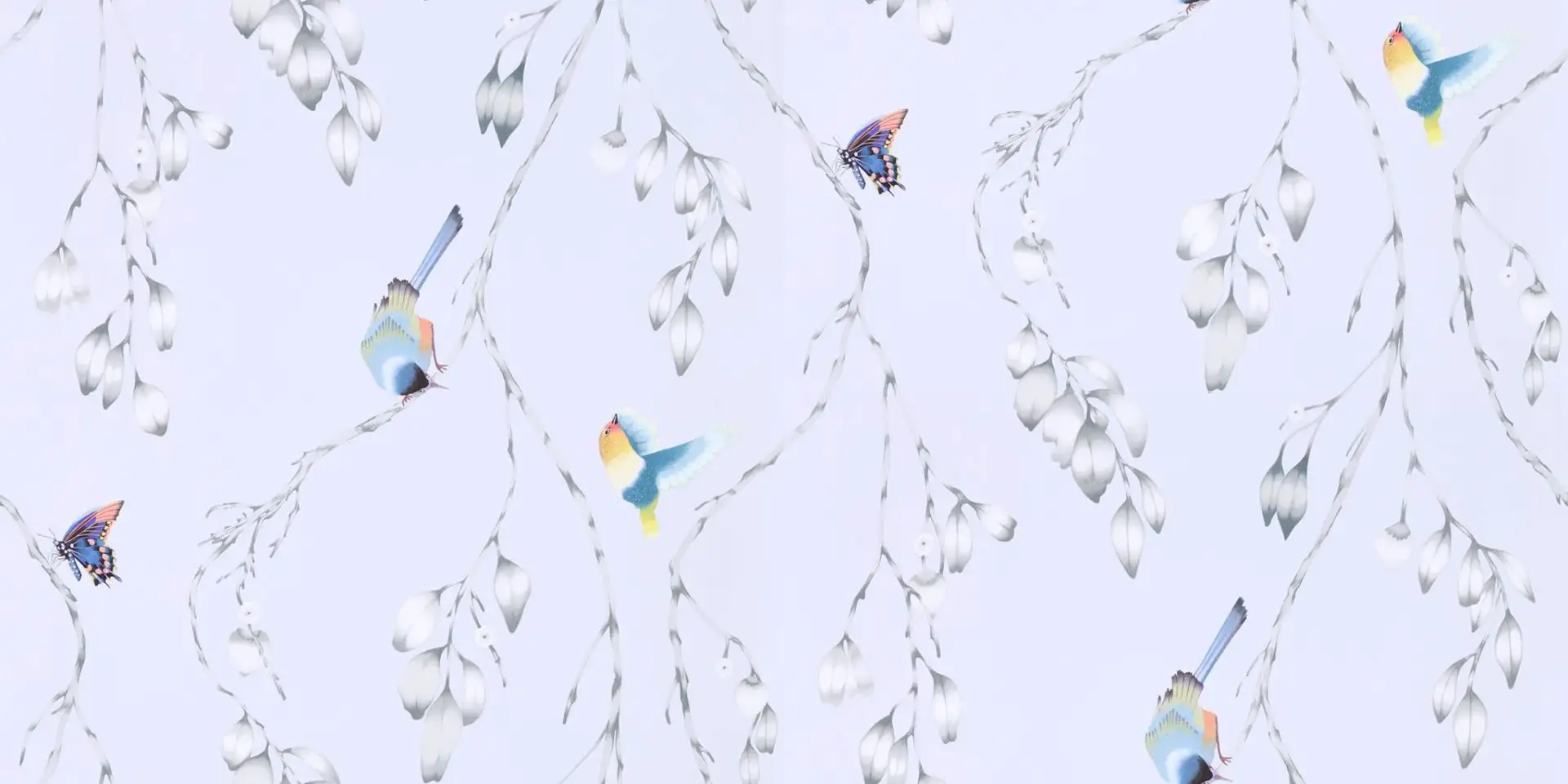 Iyanu, col. 7 - Blumen - Blätter - Tapeten mit Vogelmotiven - Tier Tapeten - Äste - Grau - Multicolor - Sanderson 