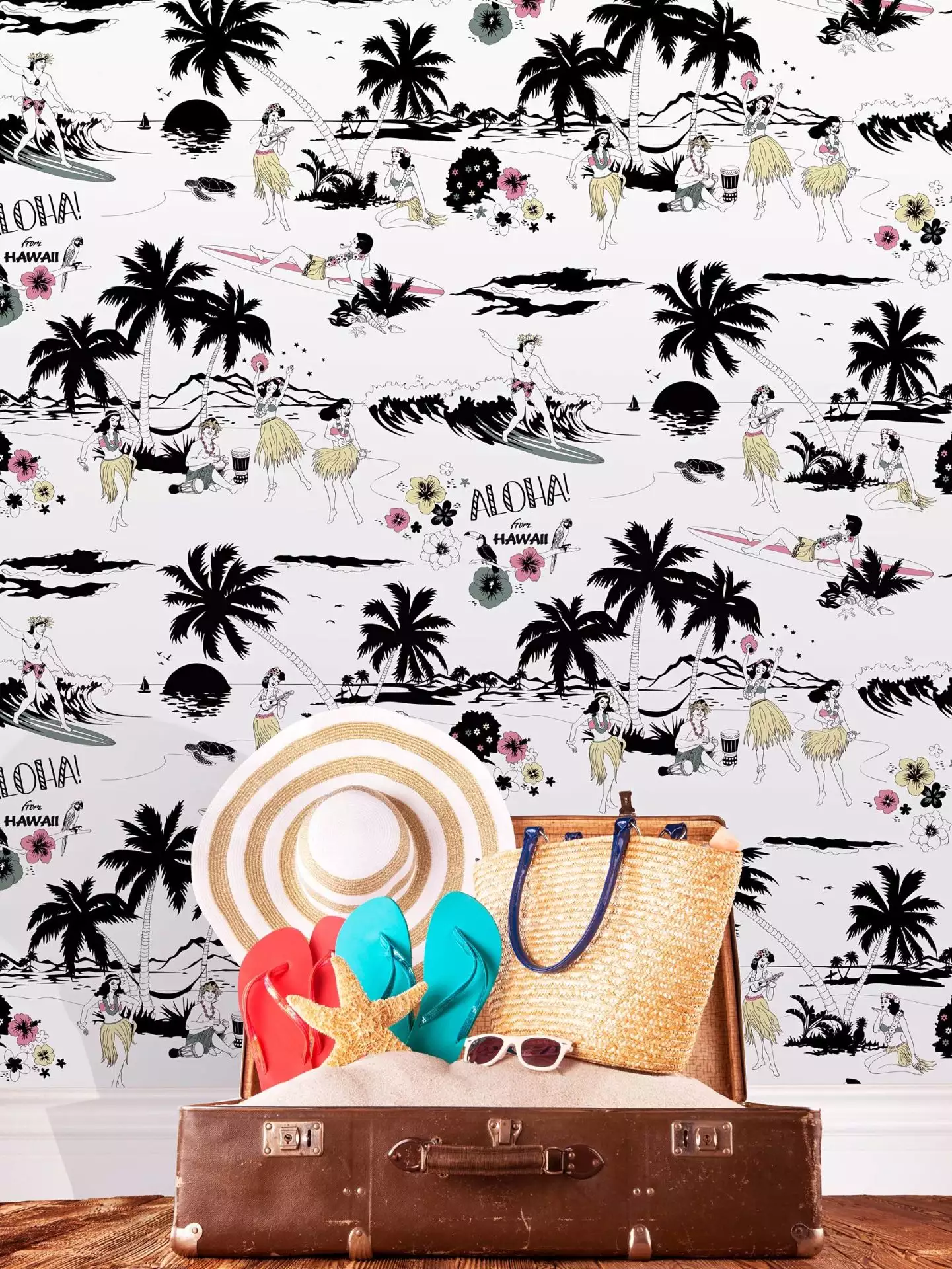 Aloha! Wallpaper, Colour - Bäume - Figuren - Zeichnungen - Multicolor - Schwarz - Weiß - Dupenny