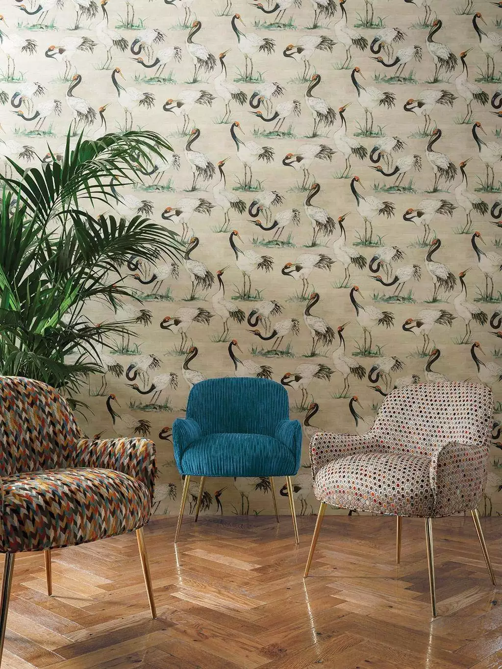 Cranes, col. 1 - Tapeten mit Vogelmotiven - Tier Tapeten - Creme - Rot - Schwarz - Weiß - Osborne & Little