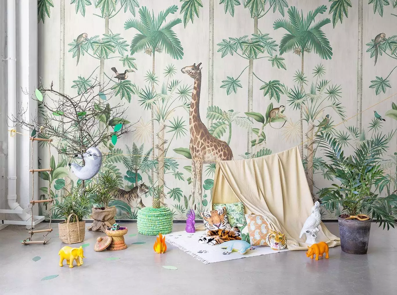 Giraffes Stroll - Blätter - Bäume - Tapeten mit Vogelmotiven - Tier Tapeten - Anthrazit - Braun - Creme - Grün - Ocker - Rebel Walls