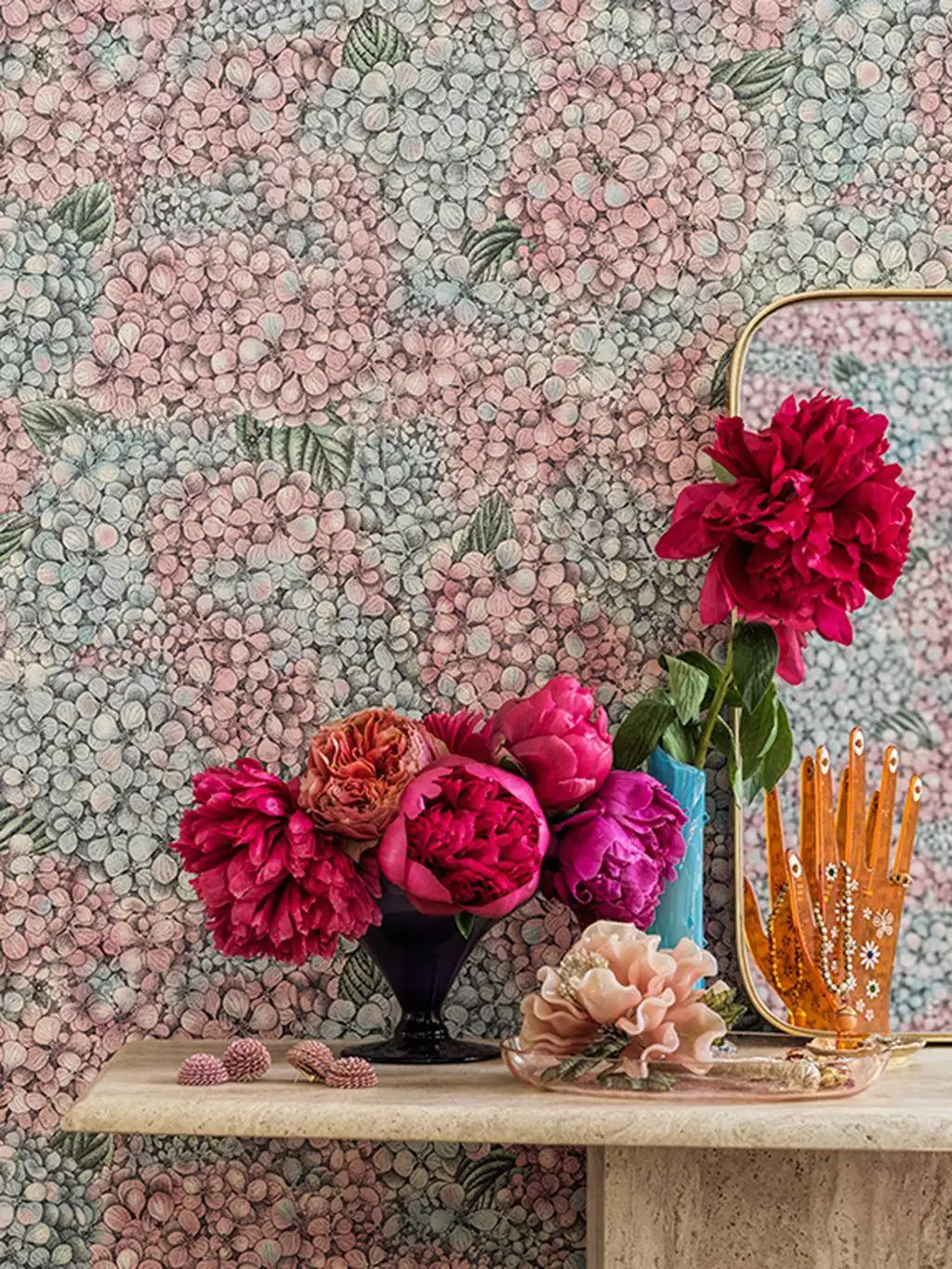 Ortensia, col. 45 - Blumen - Blätter - Florale Muster - Creme - Hellblau - Hellgrün - Rosa - Cole & Son