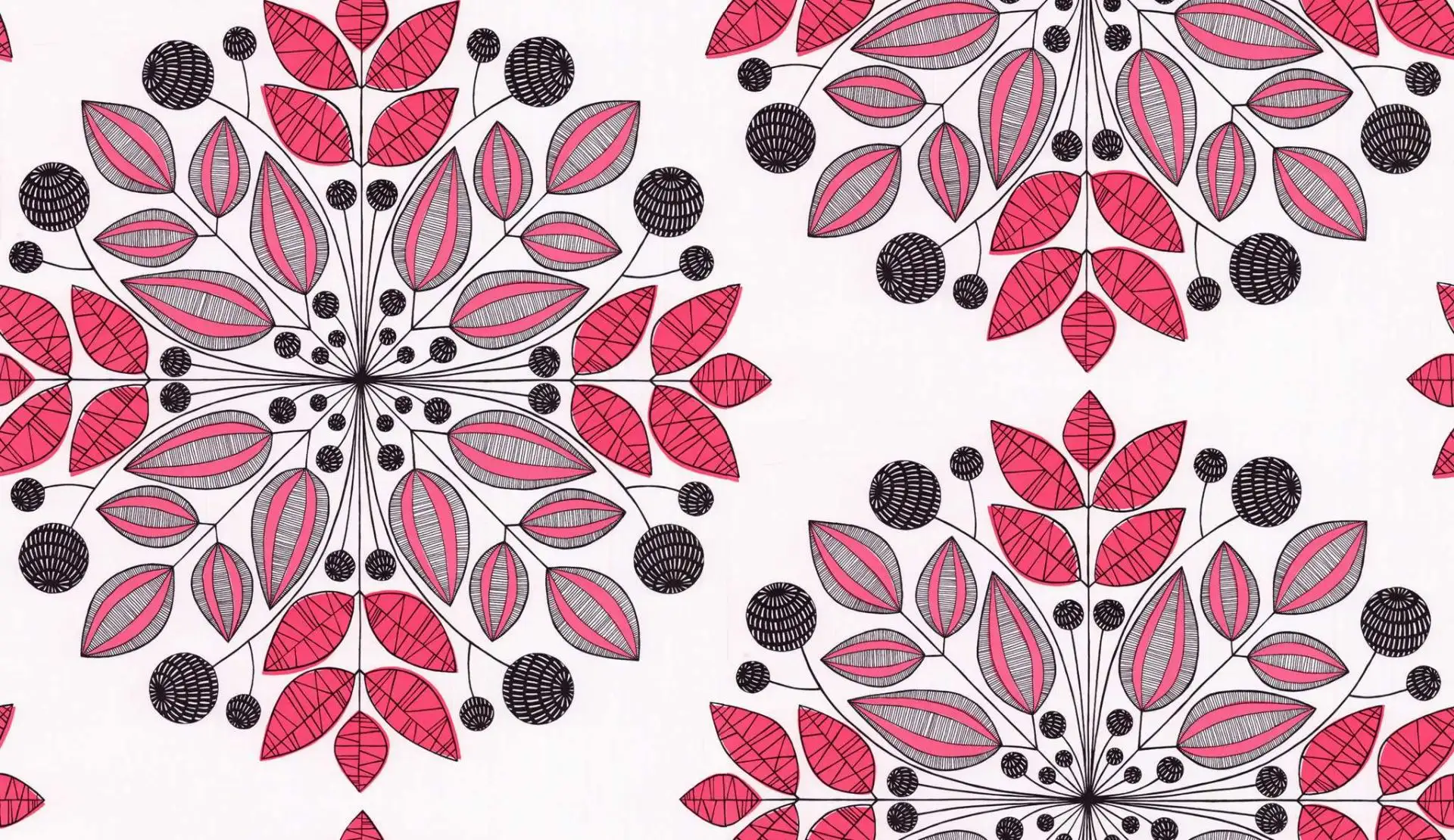 Kaleidoscope, col.06 - Blätter - Ornamente Tapeten - Pink - Schwarz - Weiß - MissPrint