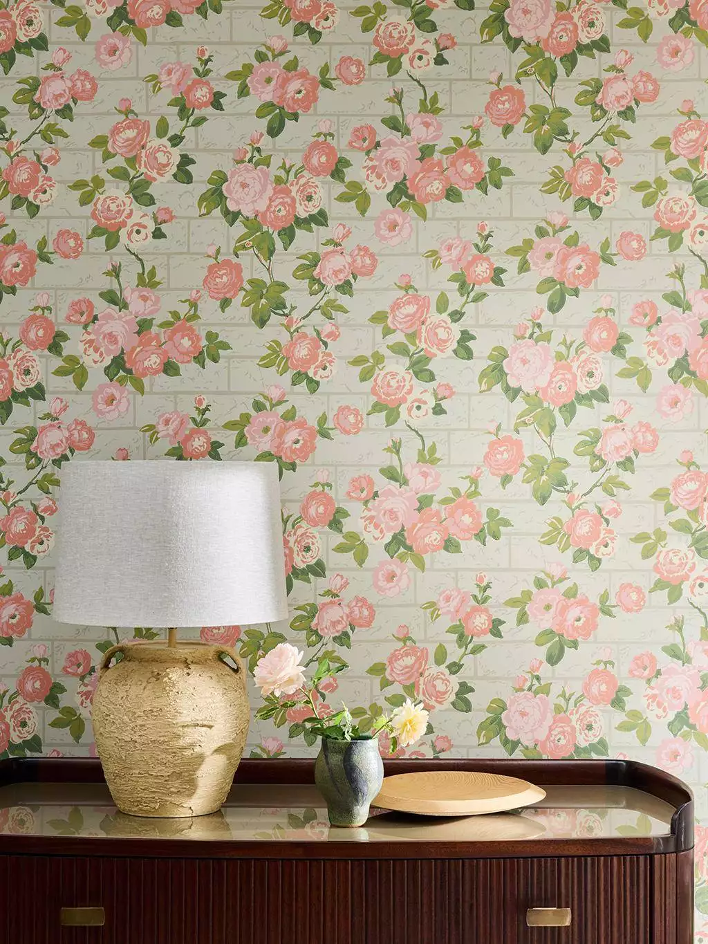 Rose Garden, Green Stone - Backstein - Blumen - Florale Muster - Hellgrün - Rosa - Little Greene