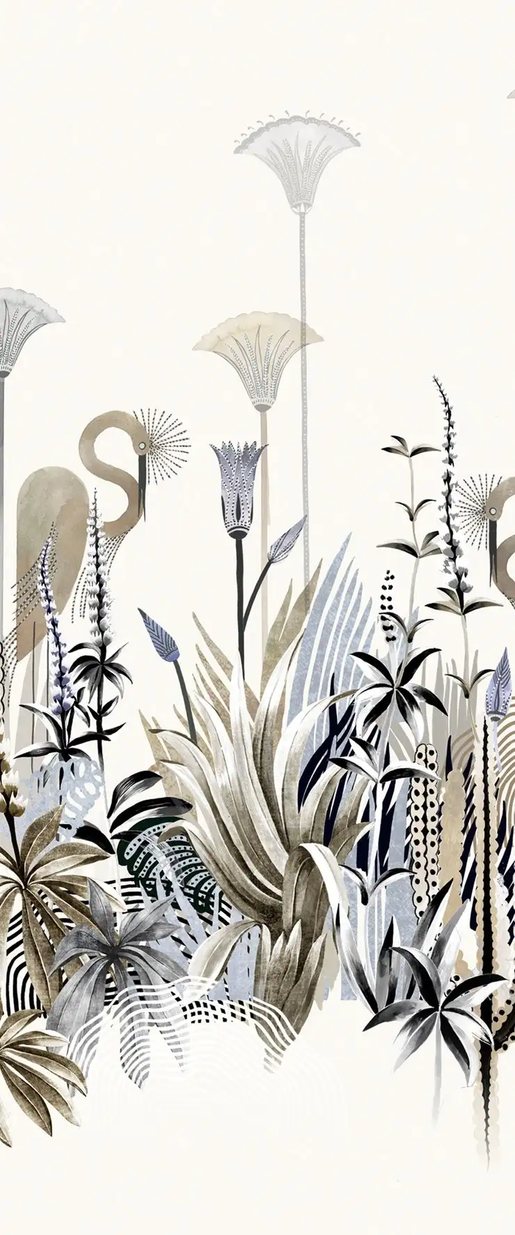 Lush Taupe, col. 02 - Blumen - Blätter - Landschaft - Tapeten mit Vogelmotiven - Tier Tapeten - Anthrazit - Braun - Creme - Hellbraun - Masureel