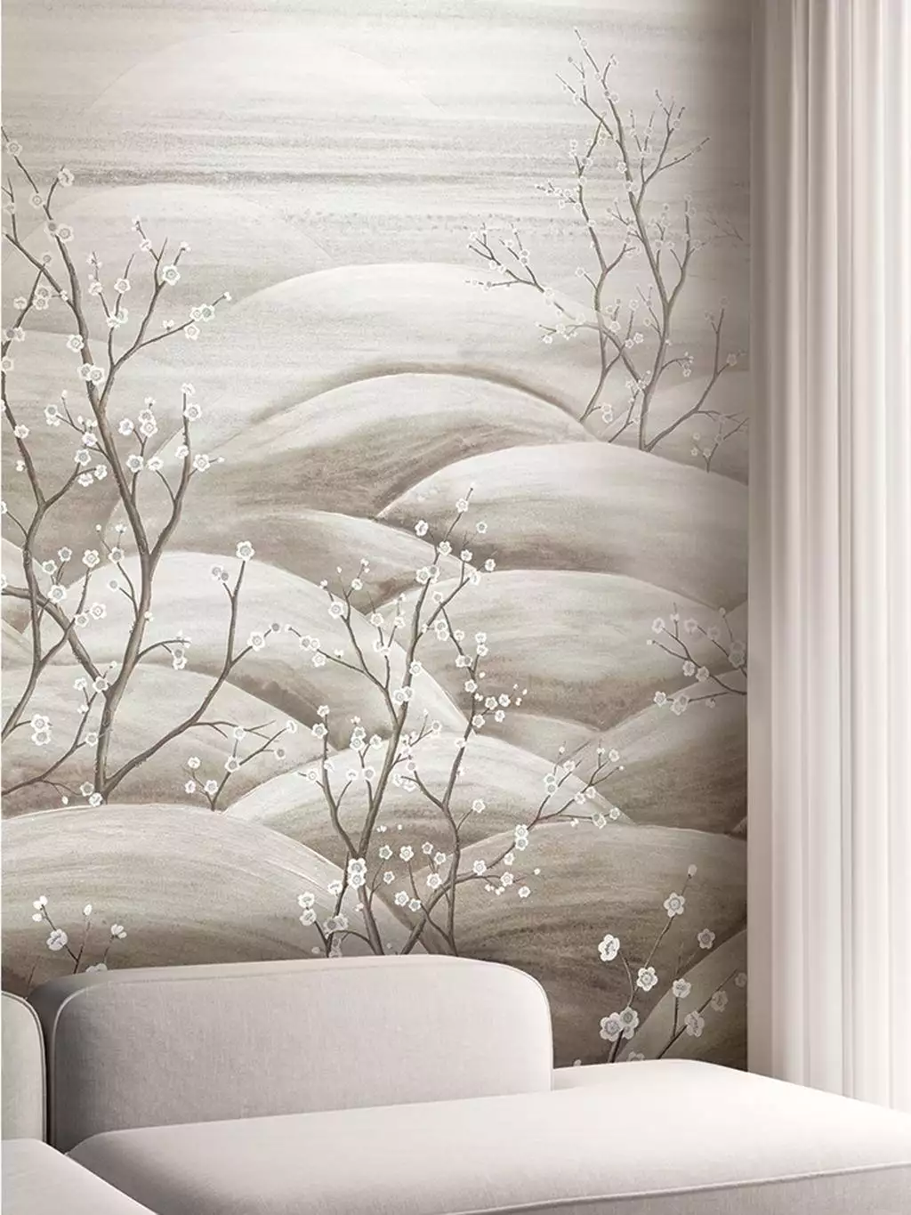 Sakura, col. 03 - Berge - Blumen - Bäume - Florale Muster - Grau - Silber! - Masureel