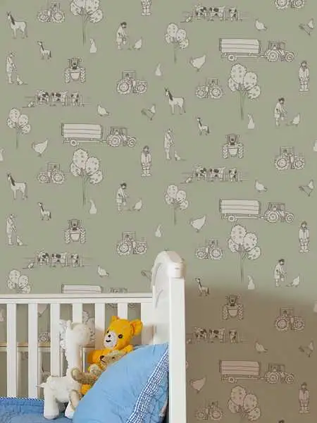 Cluck a doodle farm, light green - Fahrzeuge - Tier Tapeten - Anthrazit - Creme - Olive - Katie Bourne