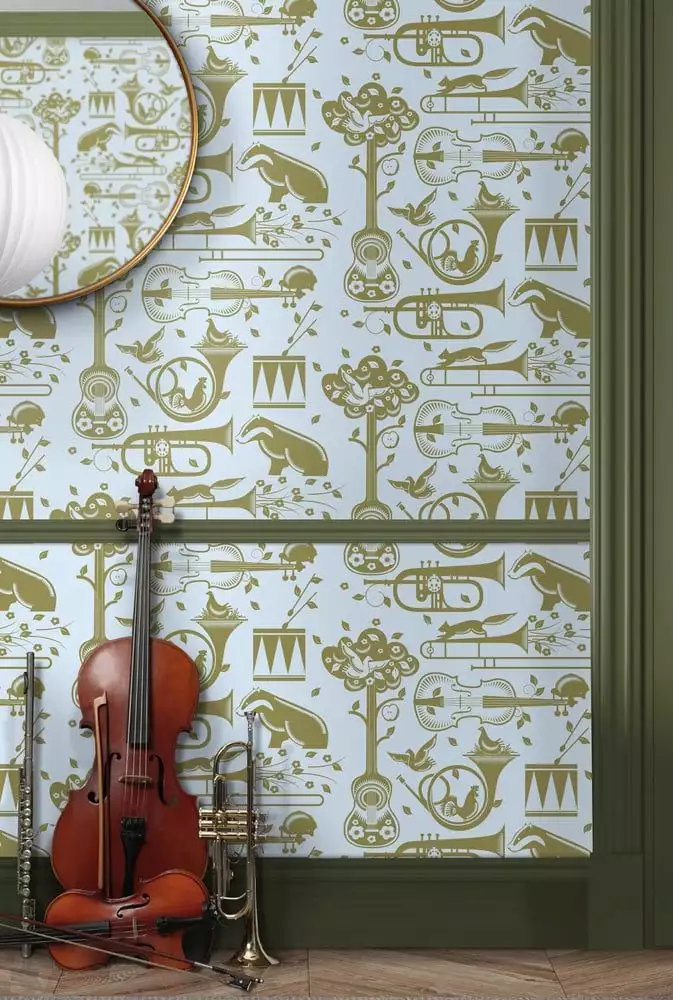 Pet Sounds, powder blue - Blätter - Gegenstände - Tier Tapeten - Hellblau - Olive - Mini Moderns