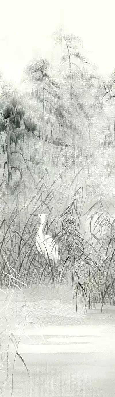 Nuage Lake, col. 02 - Asia - Bäume - Landschaft - Tapeten mit Vogelmotiven - Tier Tapeten - Anthrazit - Creme - Masureel