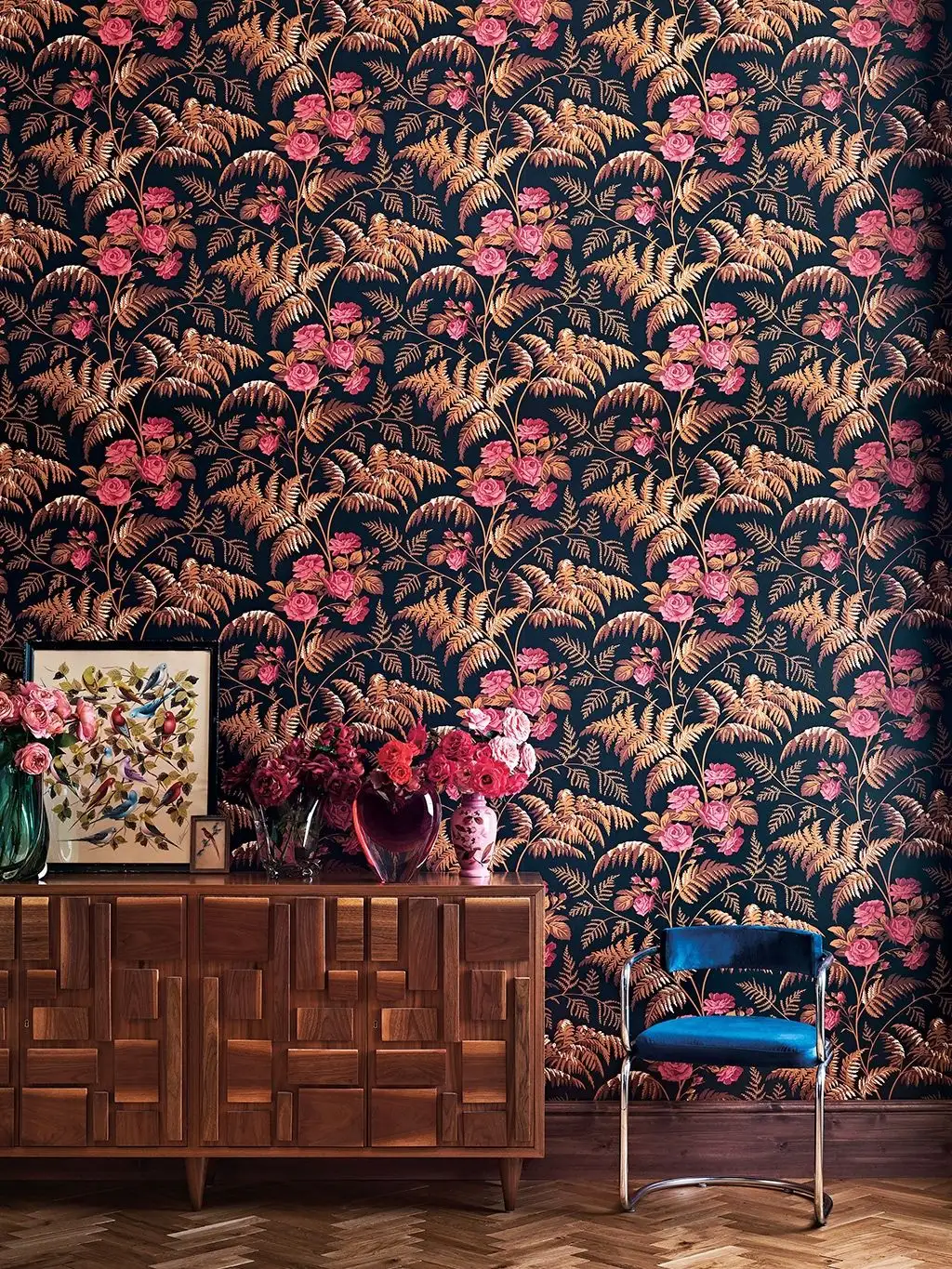 Rose, col. 9 - Blumen - Blätter - Äste - Braun - Rot - Schwarz - Cole & Son