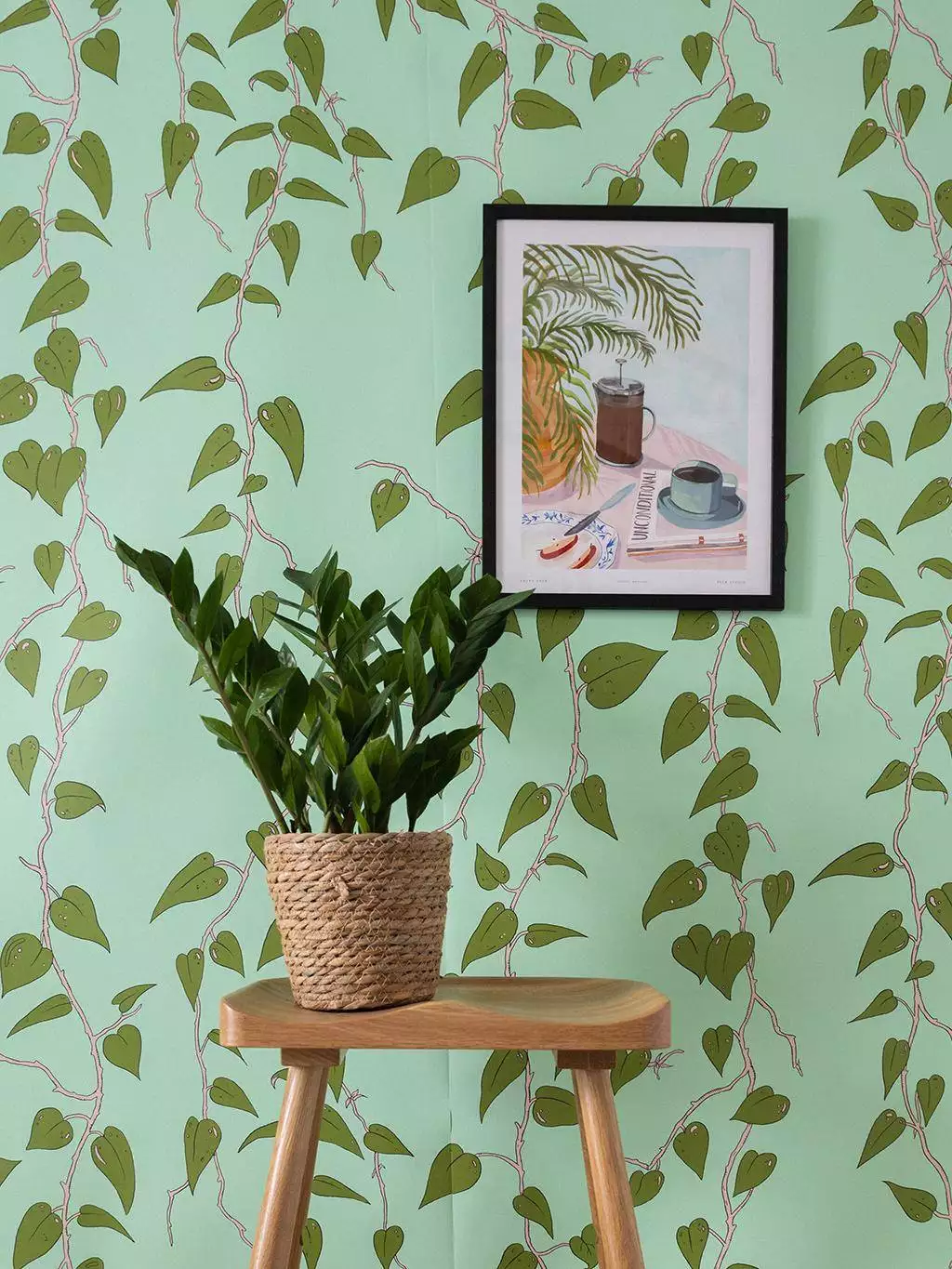 Cascada Wallpaper in Amazonite-Turquoise - Blätter - Florale Muster - Grün - Hellbraun - Wear the walls