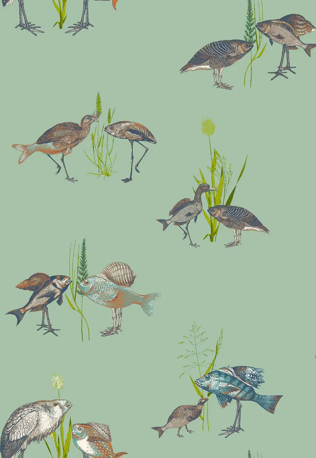 Fish meets bird, col.2 - Fische - Tapeten mit Vogelmotiven - Tier Tapeten - Anthrazit - Blau - Braun - Grün - Mint - Carlos