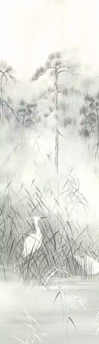 Nuage Lake, col. 03 - Asia - Bäume - Landschaft - Tapeten mit Vogelmotiven - Tier Tapeten - Anthrazit - Creme - Masureel