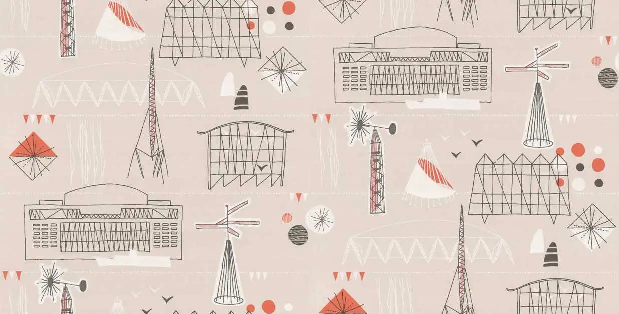 Festival, stone - Gebäude - Retro - Zeichnungen - Anthrazit - Creme - Grau - Rot - Weiß - Mini Moderns