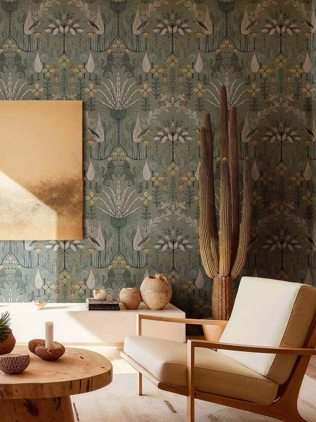 Oasis Villa Celadon - Blumen - Blätter - Bäume - Florale Muster - FotoTapeten - Tiere - Vögel - Multicolor - COORDONNÈ