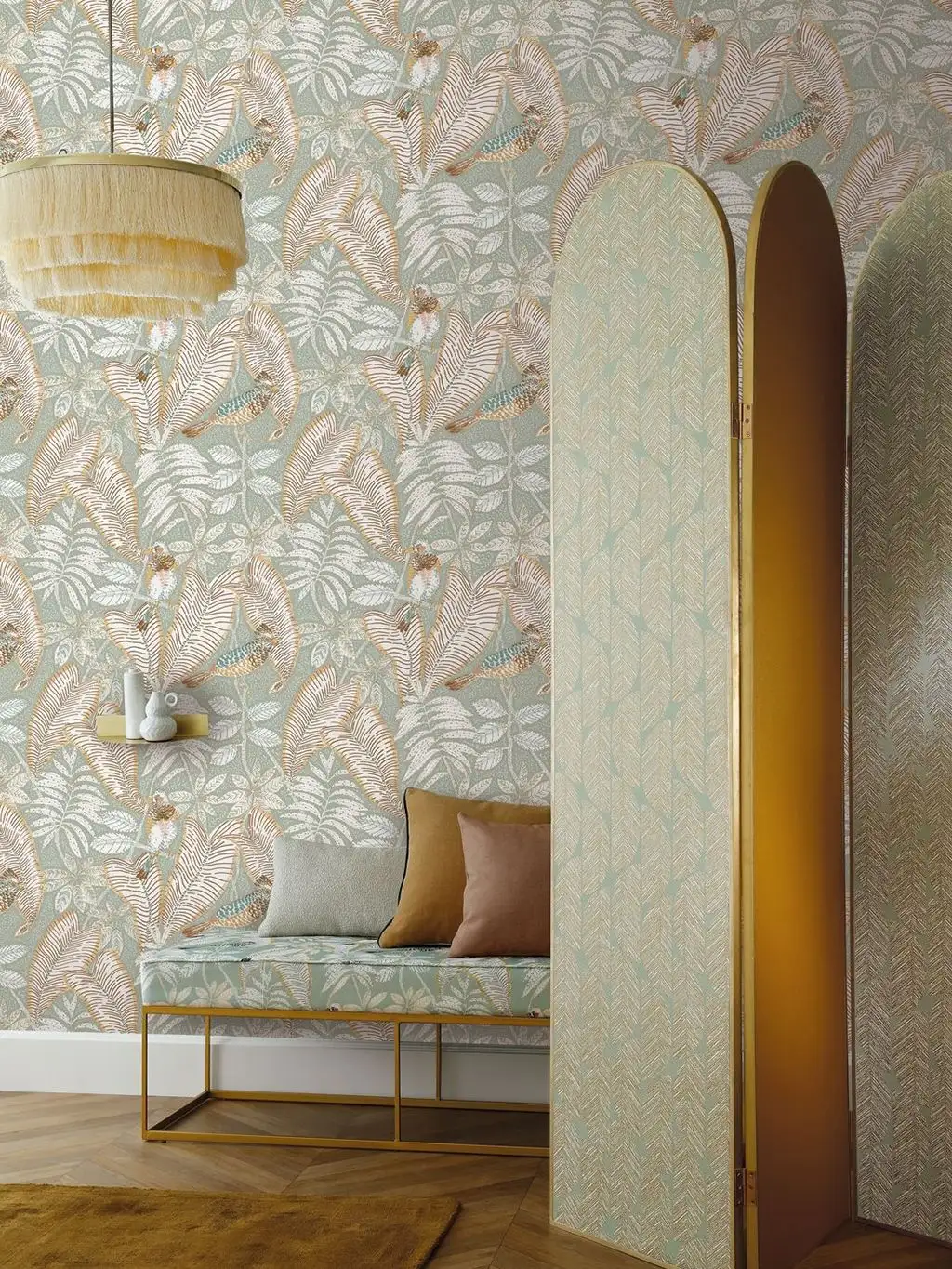 Sibia, col. 6 - Blätter - Tapeten mit Vogelmotiven - Tier Tapeten - Braun - Gold - Grün - Hellgrün - Weiß - Casamance