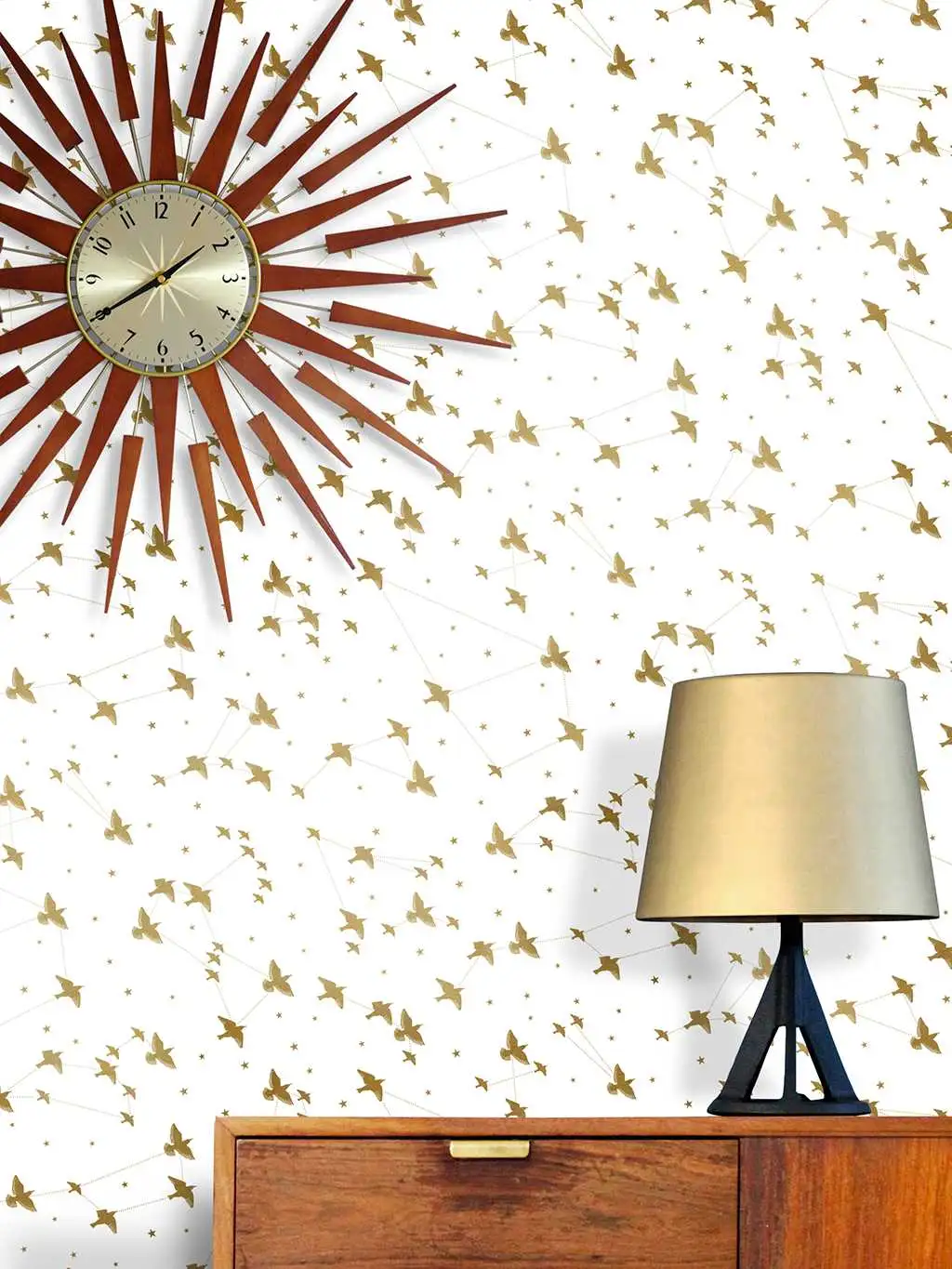 Star-ling, snow & gold - Sterne - Tapeten mit Vogelmotiven - Gold - Weiß - Mini Moderns