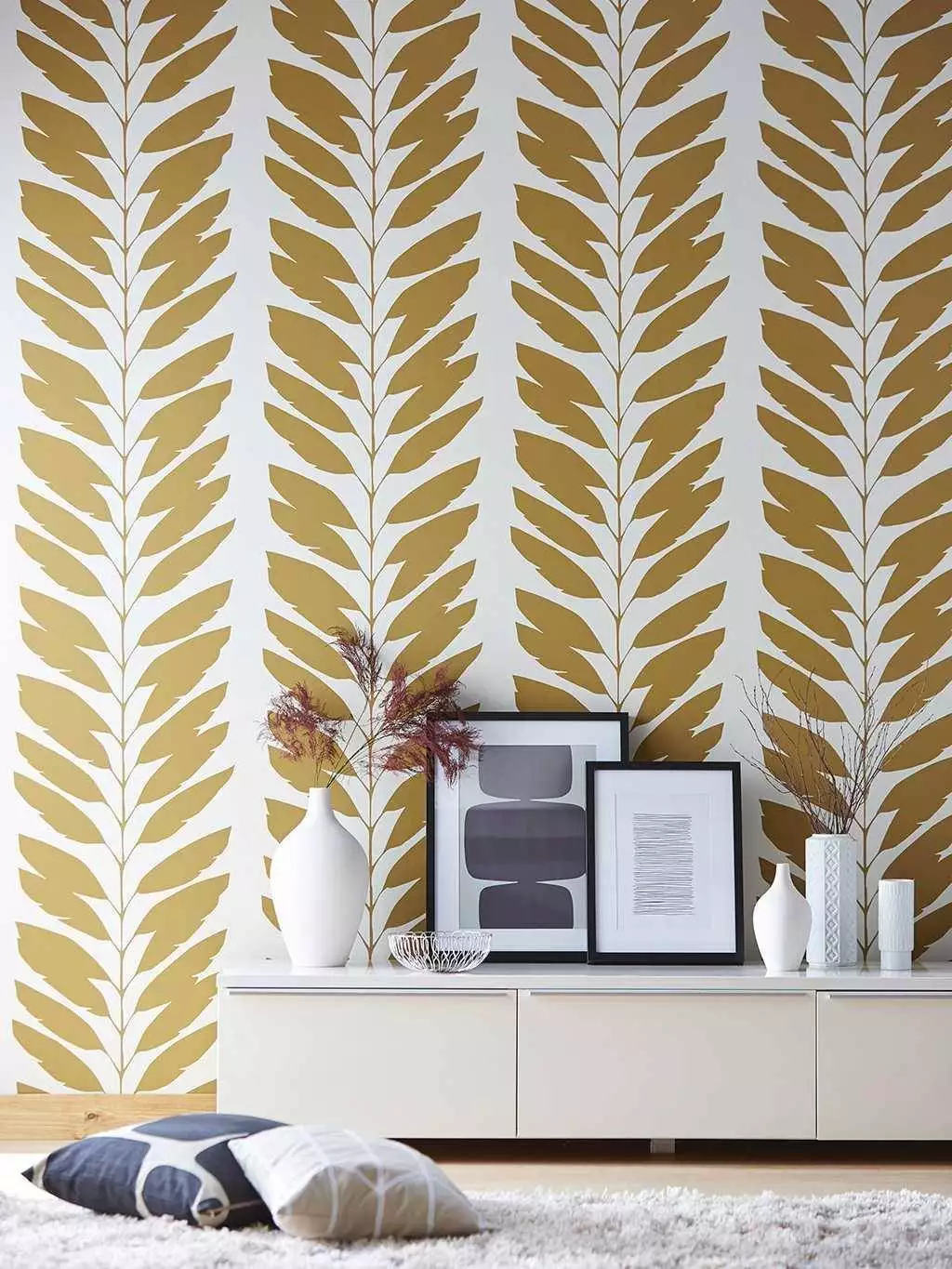 Malva, col. 10 - Blätter - Streifentapeten - Streifentapeten: - Hellbraun - Ocker - Sanderson 