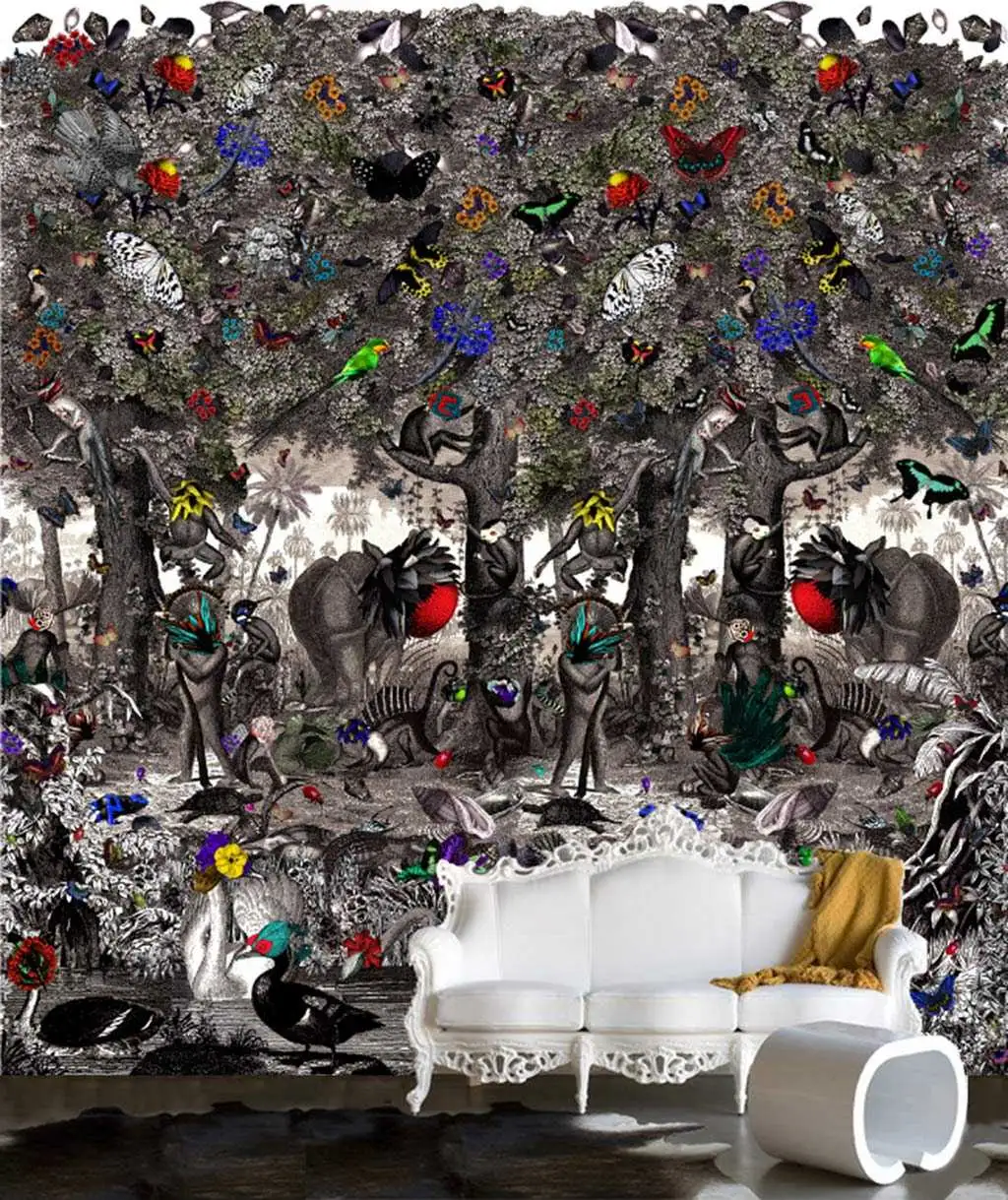 Ink Forest - Blätter - Bäume - Tapeten mit Vogelmotiven - Tier Tapeten - Multicolor - Schwarz - Weiß - Kristjana S Williams