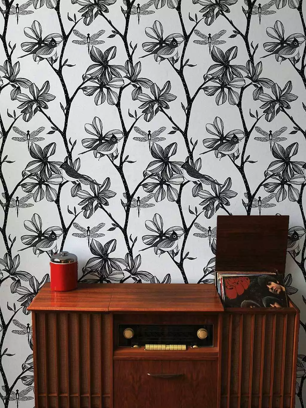 The English Garden, silver - Tapeten mit Vogelmotiven - Äste - Perlmutt - Schwarz - Schwarz und Weiß - Silber! - Camilla Meijer