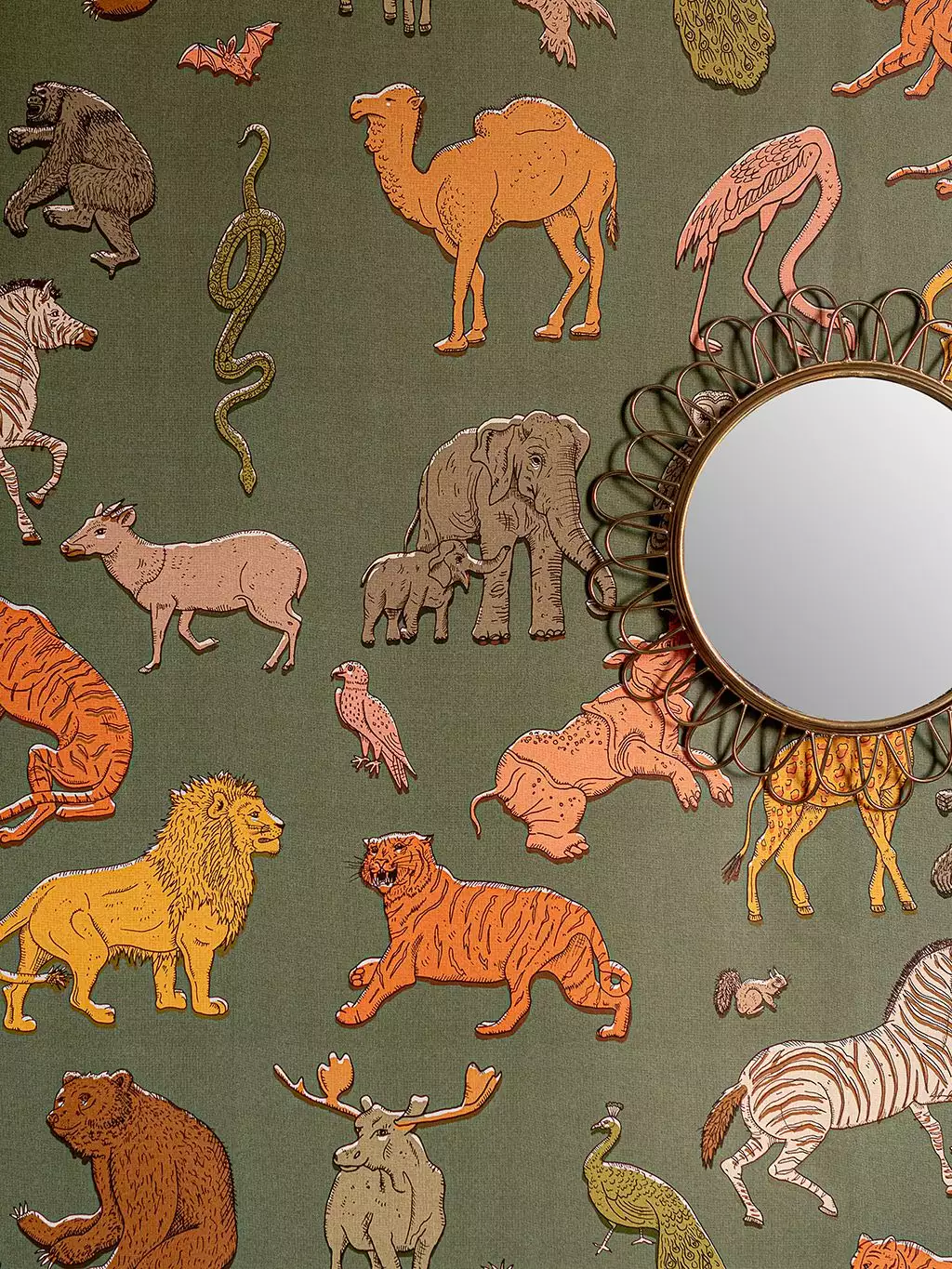 Assemble Wallpaper in Khaki-Green - Fauna - KinderTapeten - Tiere - Multicolor - Wear the walls