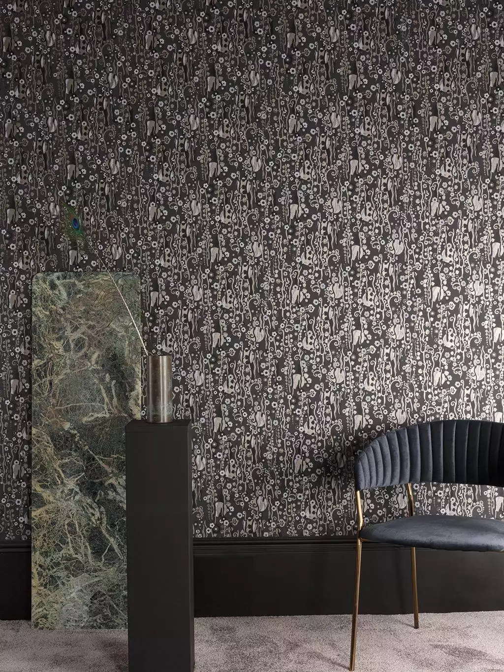 Mildred, Eclipse - Blumen - Blätter - Anthrazit - Schwarz und Weiß - Silber! - Weiß - Masureel