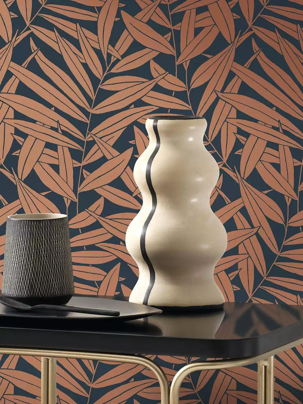 Preston, col. 60 - Blätter - Florale Muster - Anthrazit - Bronze - Casadeco