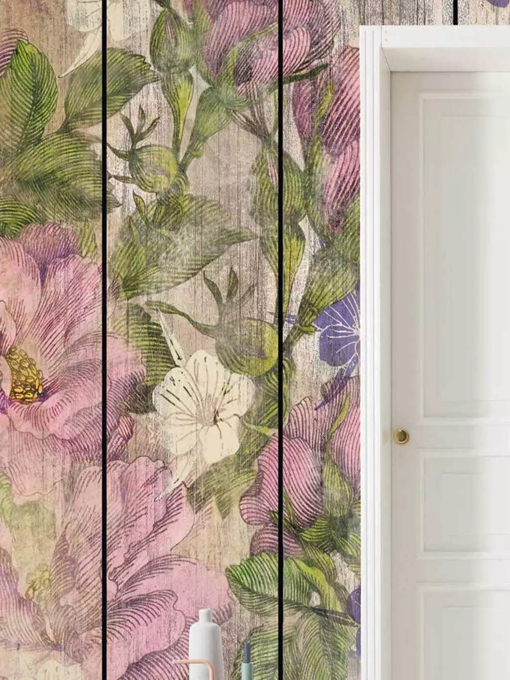 Vintage Rose - Blumen - Florale Muster - Holzdesign / Holzoptik - Holzdesign / Holzoptik: - Creme - Grün - Rosa - Komar.Vlies