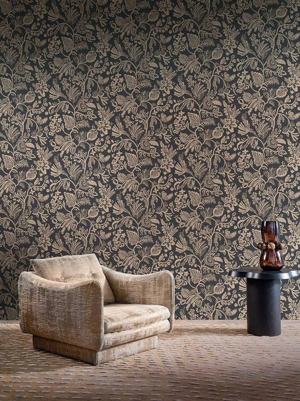 Pastel, col. 20 - Blumen - Blätter - Florale Muster - Naturfaser - Anthrazit - Hellbraun - Casamance