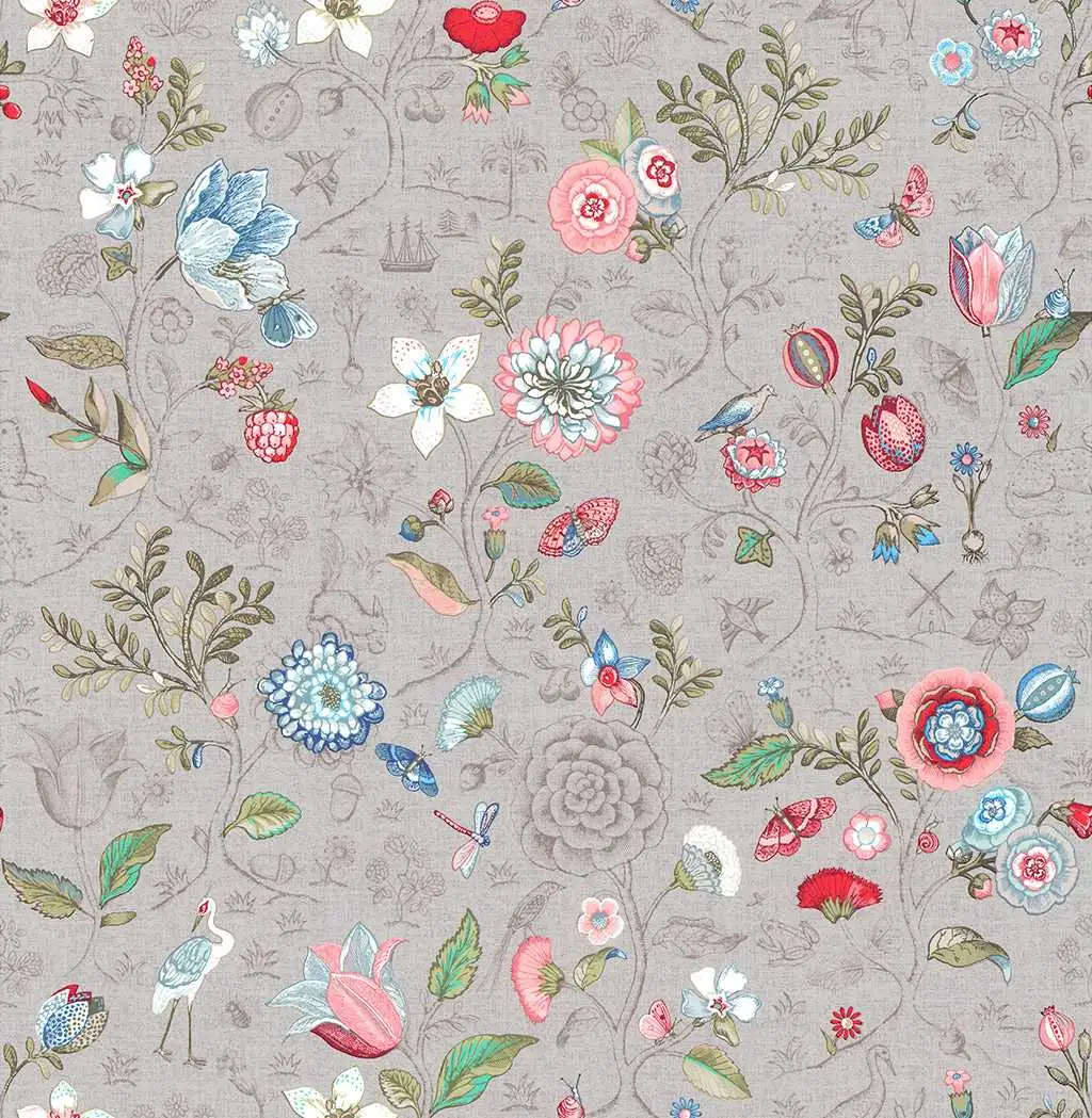 Spring to Life, col.01 - Blumen - Tapeten mit Vogelmotiven - Braun - Grau - Multicolor - Pip Studio