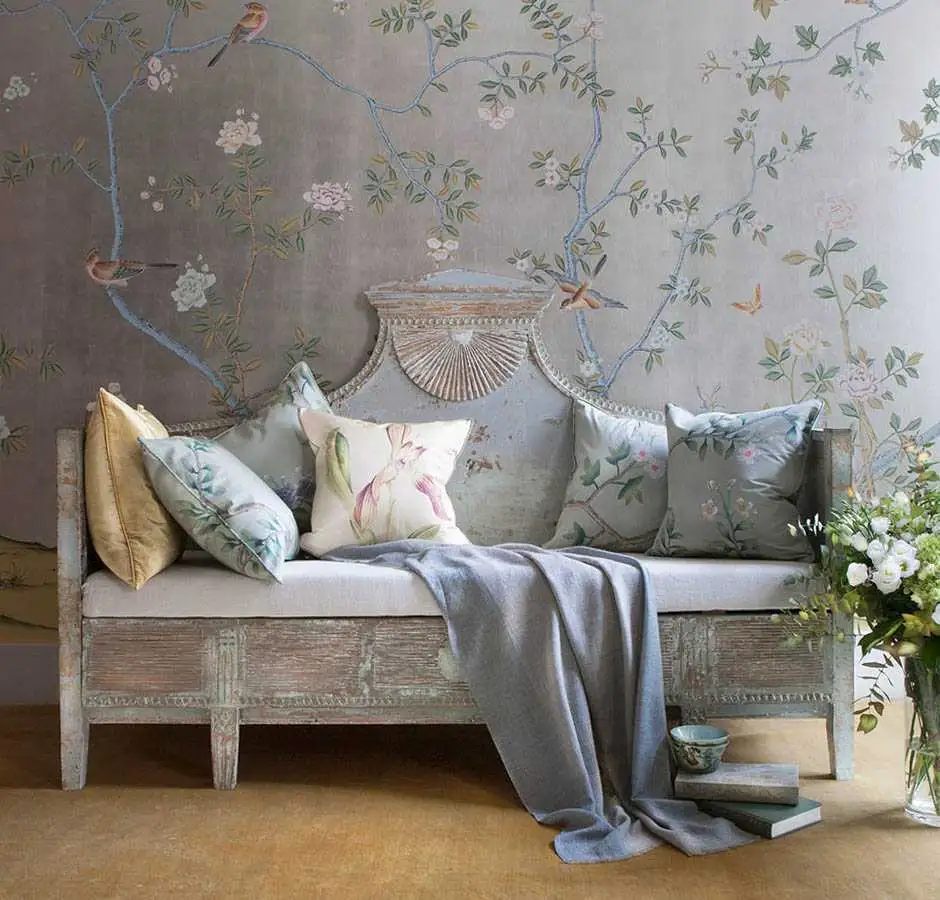 de Gournay - Badminton Design - Blumen - Blätter - Bäume - Tapeten mit Vogelmotiven - Tier Tapeten - Äste - Multicolor - de Gournay