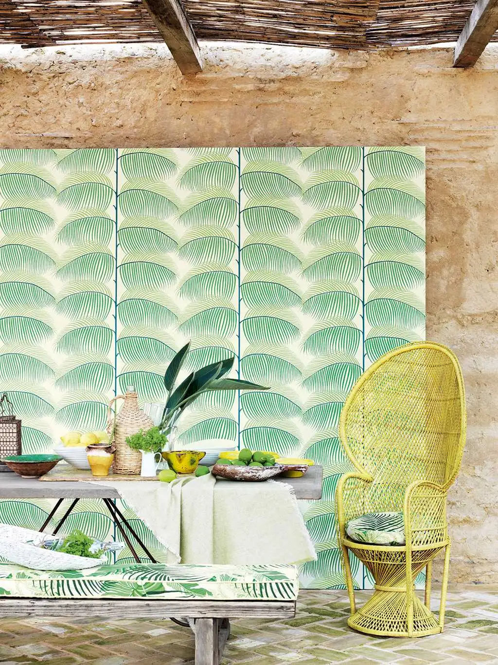 Esra, col.07 - Blätter - Creme - Grün - Sanderson 