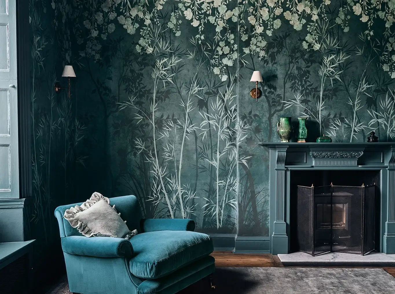 Sayuri, col. 04 - Blumen - Blätter - Gras - Anthrazit - Grau - Grün - ROMO