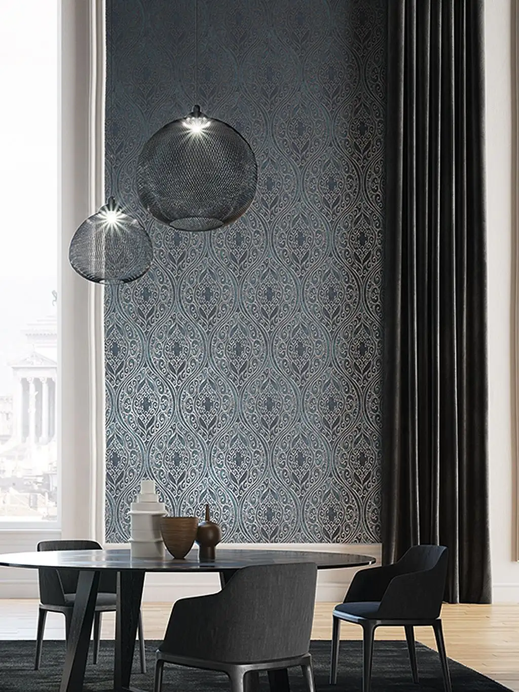Bravo Ebony - Ornamente Tapeten - Petrol - Schwarz - Masureel