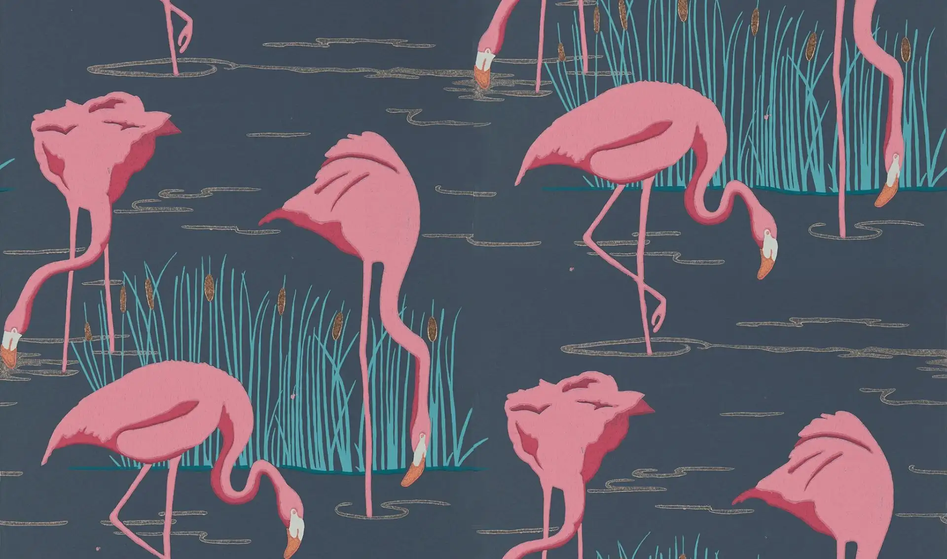 Salinas, col. 6 - Blätter - Tapeten mit Vogelmotiven - Tier Tapeten - Anthrazit - Gold - Grün - Rot - Sanderson 