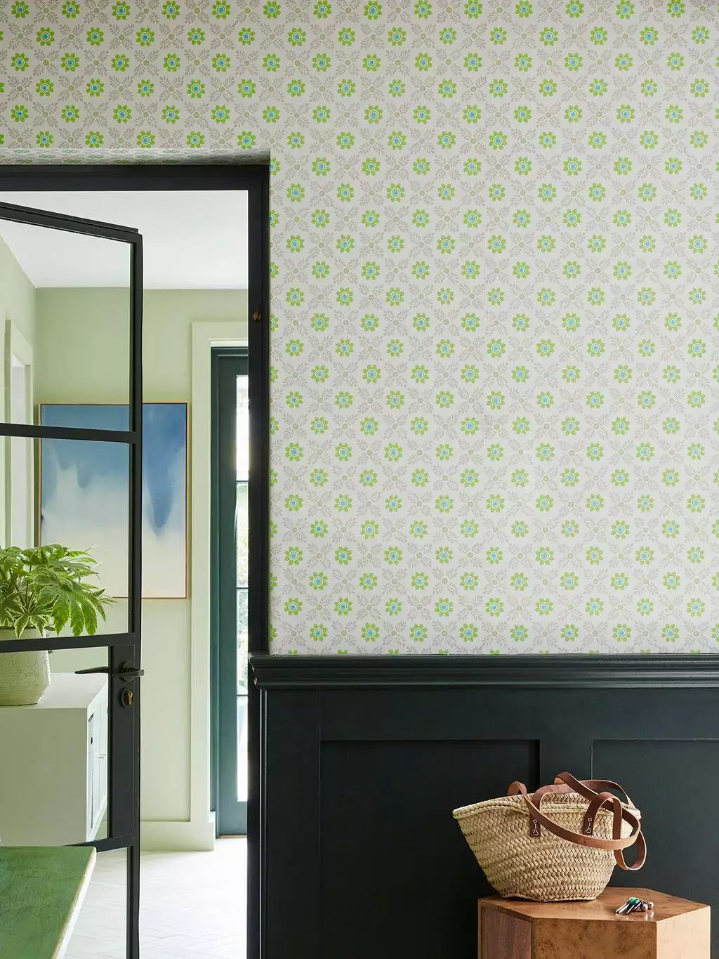 Ditsy Block, Phthalo - Blumen - Blätter - Gelb - Hellgrün - Little Greene