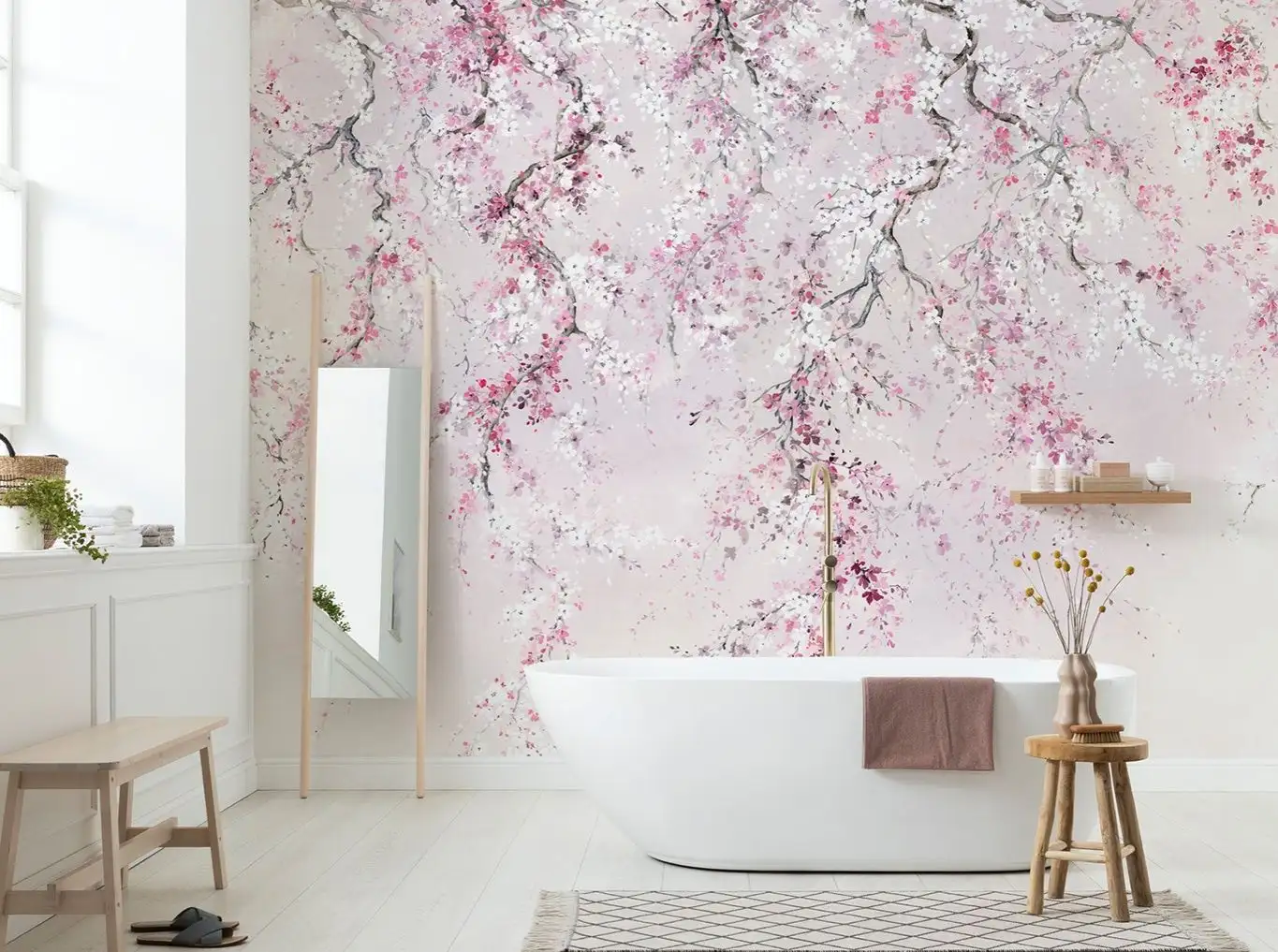 Kirschblüten - Blumen - Ranken - Äste - Anthrazit - Rosa - Weiß - Komar.Vlies