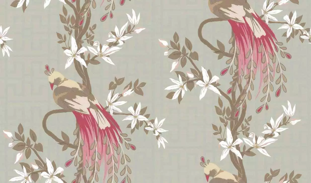 Soraya, col.02 - Blumen - Blätter - Tapeten mit Vogelmotiven - Braun - Mint - Rot - Weiß - Osborne & Little