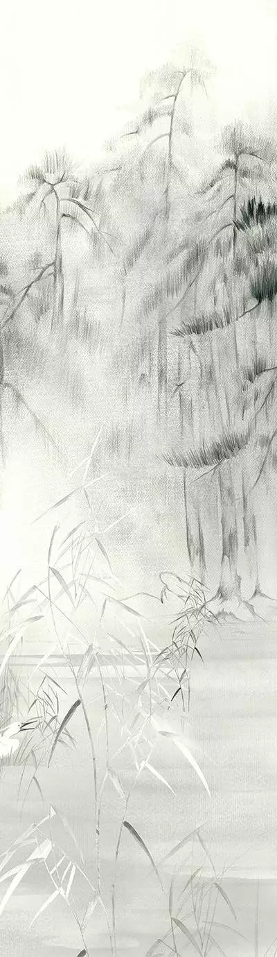 Nuage Lake, col. 04 - Asia - Bäume - Landschaft - Tapeten mit Vogelmotiven - Tier Tapeten - Anthrazit - Creme - Masureel