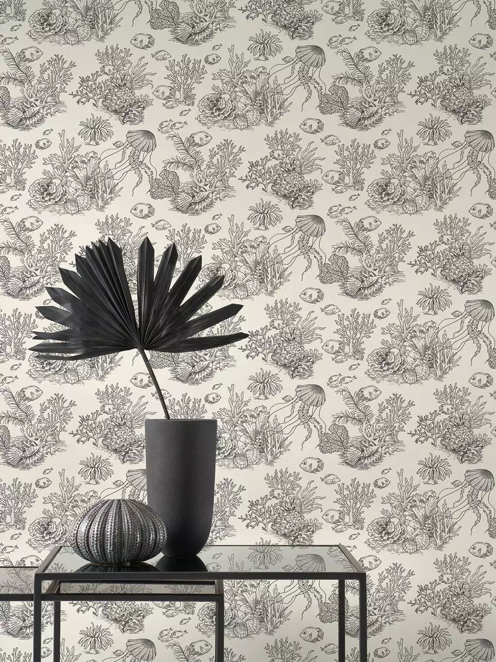 Côte Sauvage, col. 59 - Fische - Meer - Unterwasserwelt - Zeichnungen - Anthrazit - Schwarz - Schwarz und Weiß - Casadeco