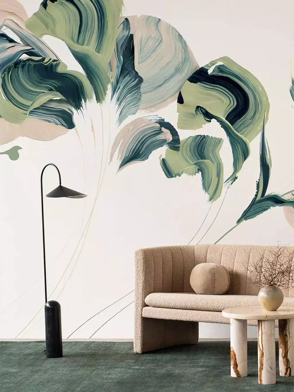 Daybreak Wallpaper, col. Verde - Aquarell - Florale Muster - FotoTapeten - Moderne Muster - Braun - Creme - Grün - Emma Hayes