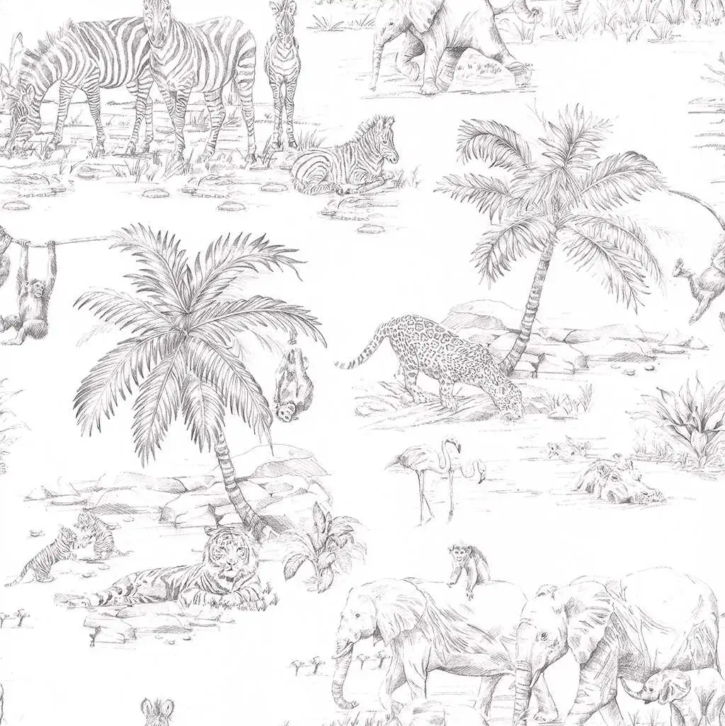 India, col.02 - Tier Tapeten - Zeichnungen - Anthrazit - Weiß - Origin