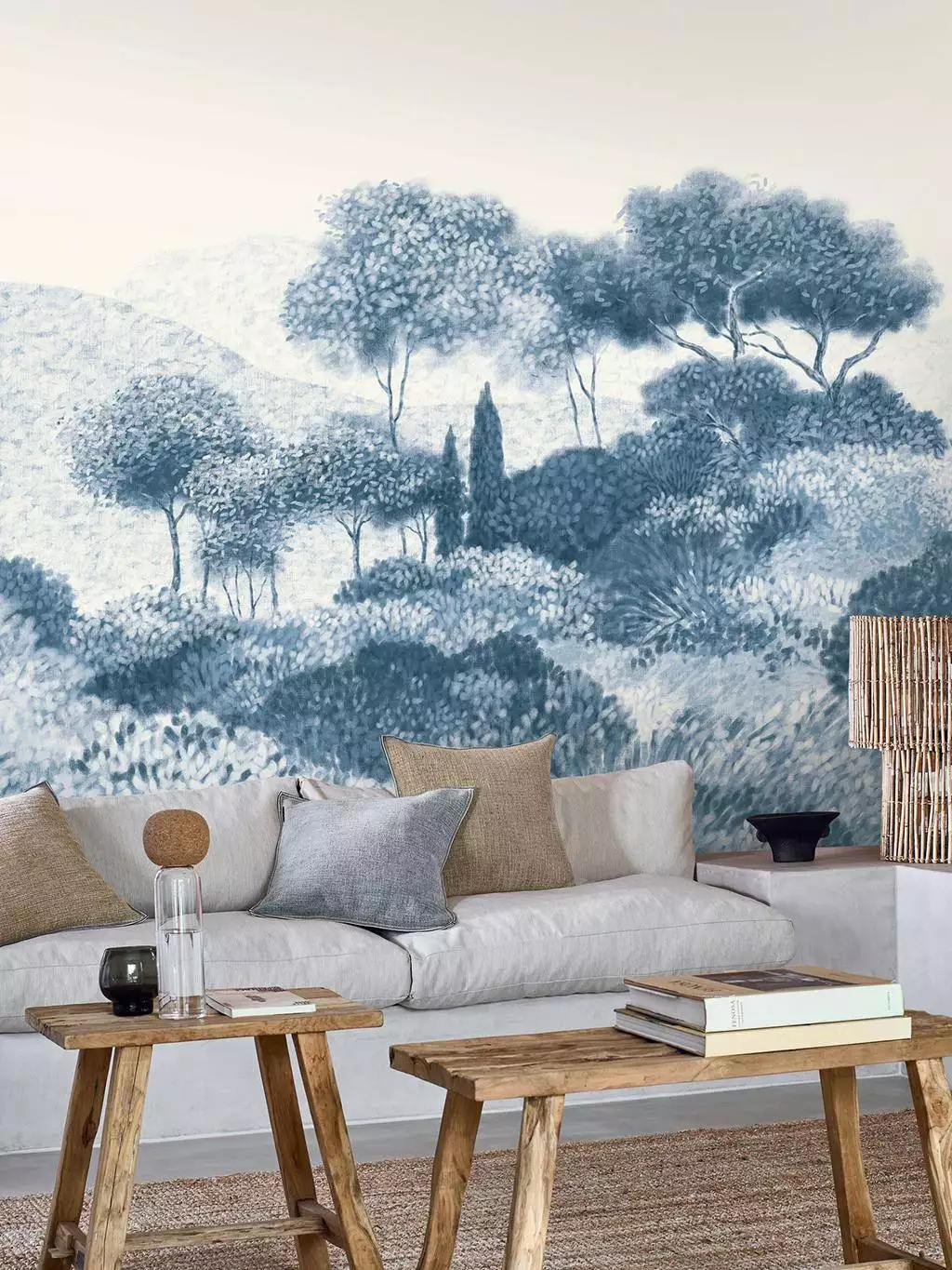 Maquis Corse col. 1426 - Blumen - Blätter - Bäume - Florale Muster - Großmotiv - Landschaft - Wald - Blau - Creme - Hellblau - Casamance