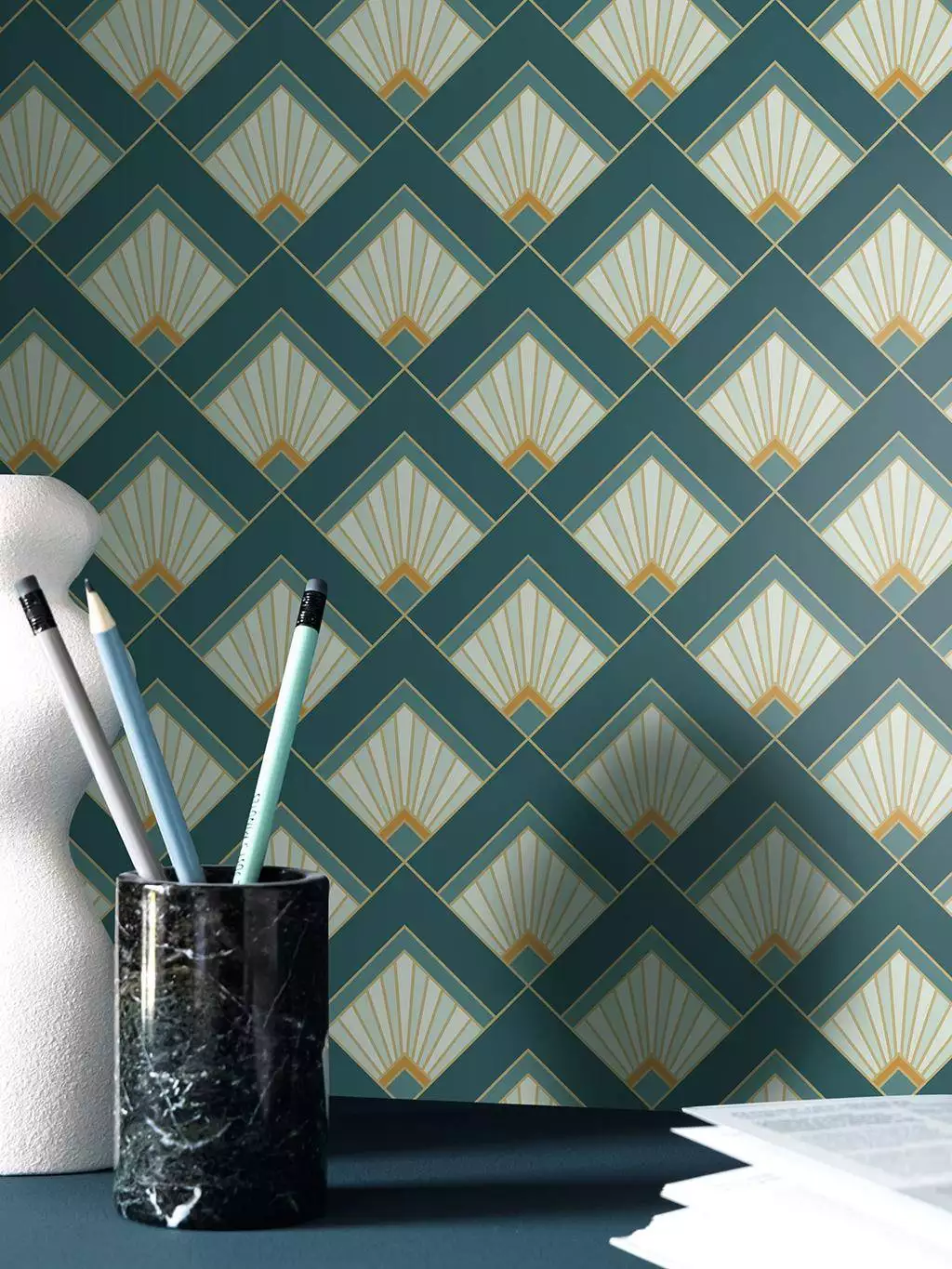 Effervescence, col. 62 - Fächer - Rauten - Blau - Creme - Gold - Petrol - Caselio