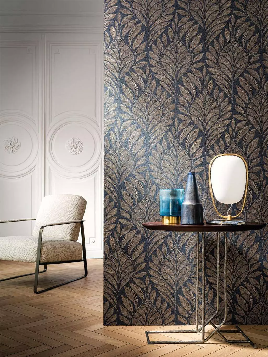 Gustav, col. 06 - Blätter - Anthrazit - Blau - Gold - Casamance