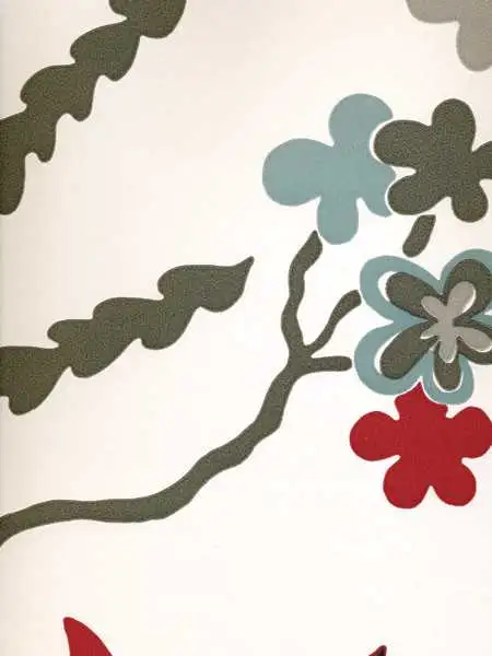 Adela, col.04 - Blumen - Blätter - Creme - Grau - Hellblau - Rot - ROMO