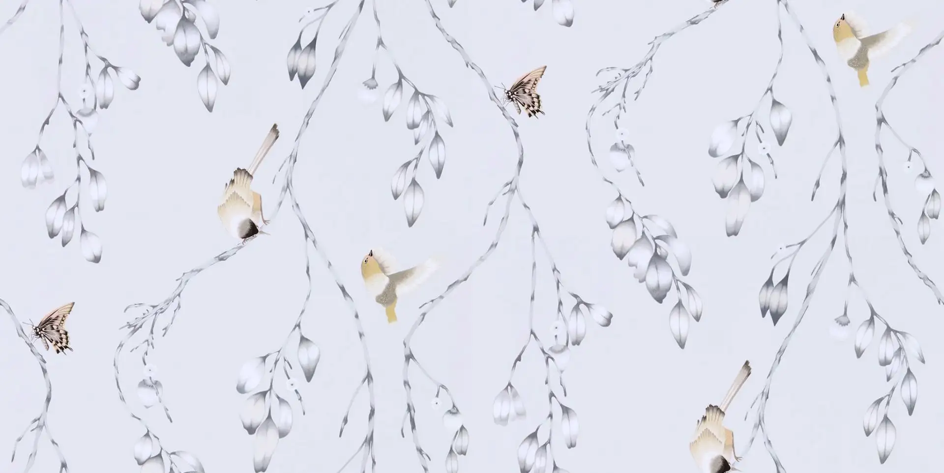 Iyanu, col. 8 - Blumen - Blätter - Tapeten mit Vogelmotiven - Tier Tapeten - Äste - Anthrazit - Grau - Ocker - Weiß - Sanderson 