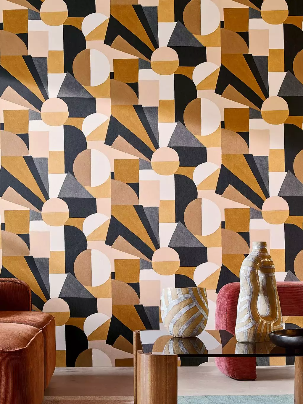 Sonia, col. 08 - Grafische Muster - Anthrazit - Creme - Hellbraun - Ocker - Casamance